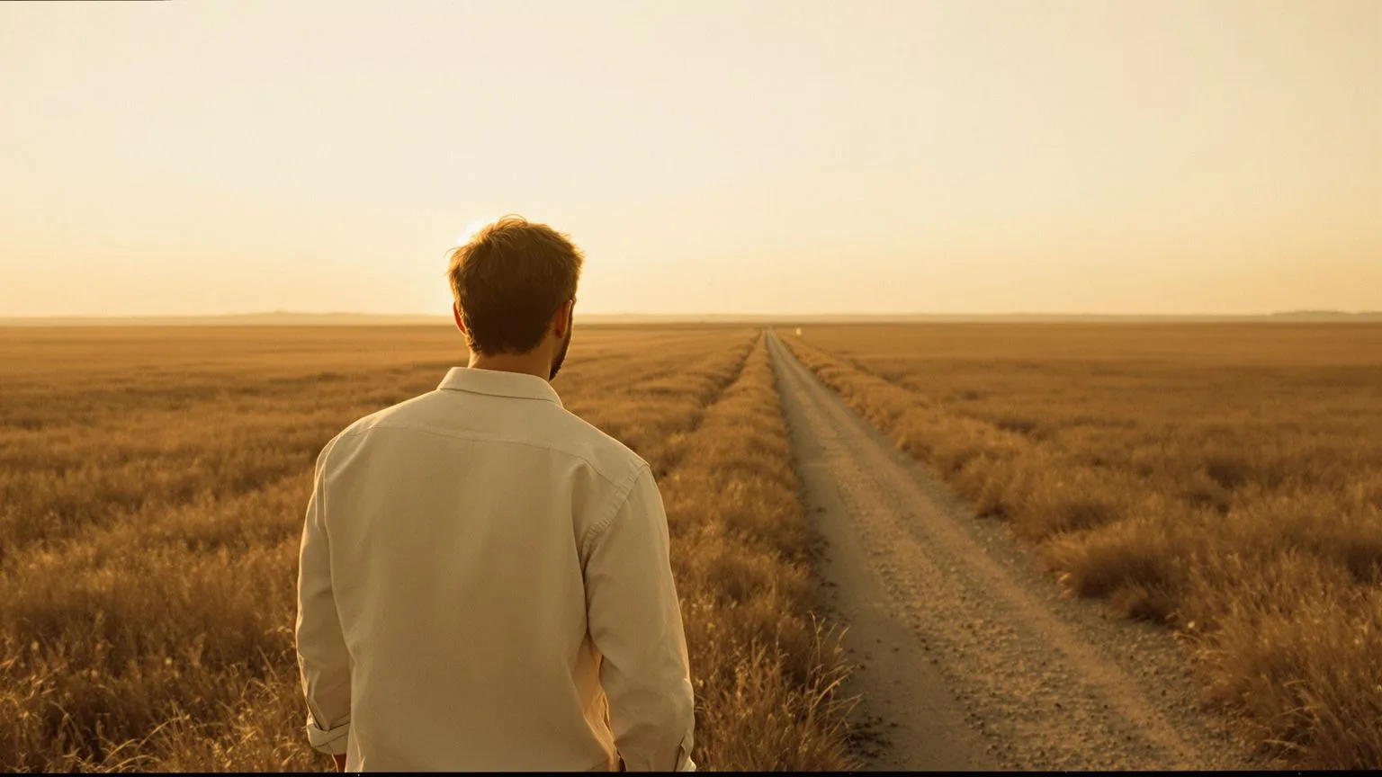 Man standing on open grassland path at golden hour preparing to feel your feelings