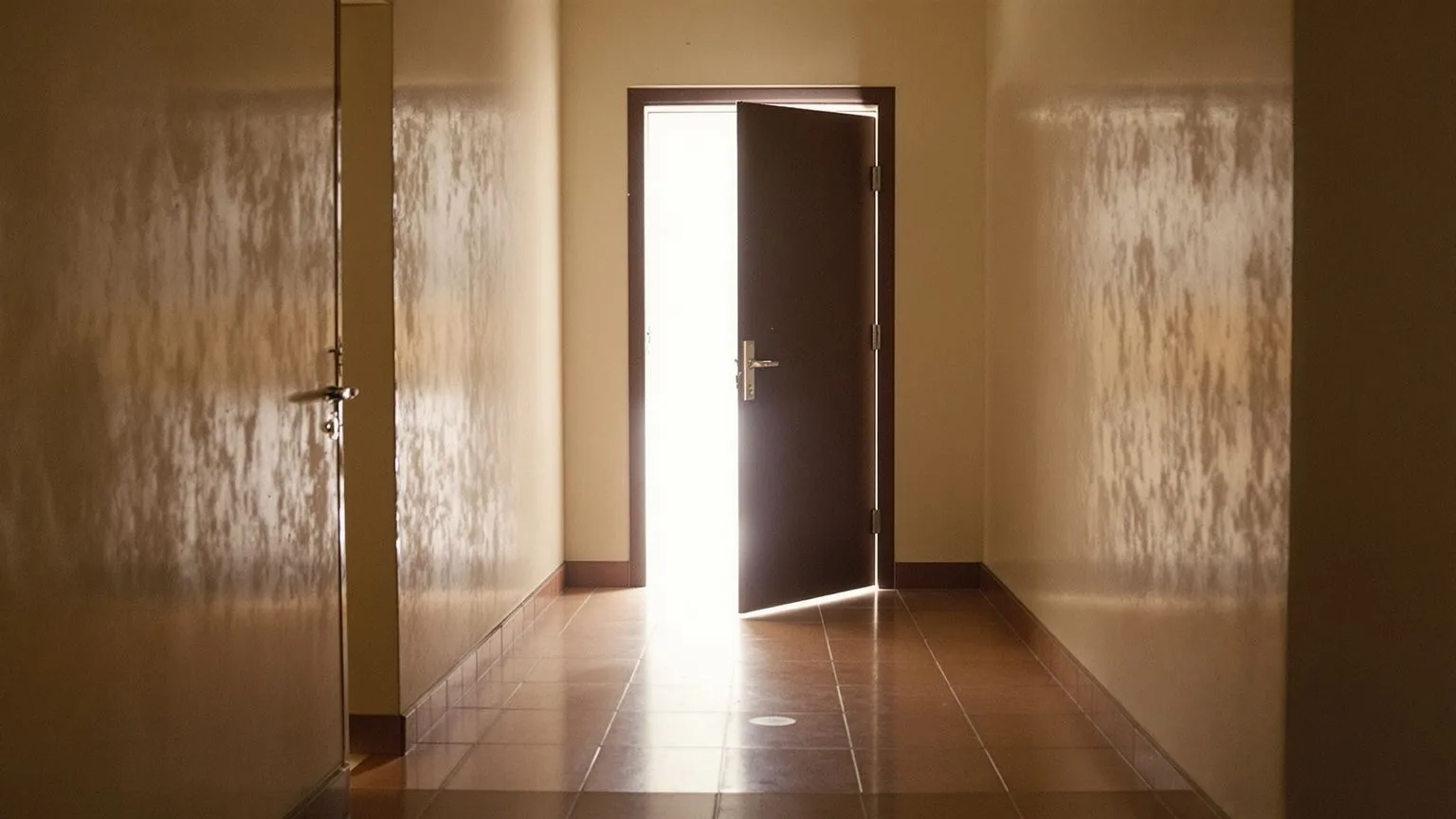 Sunlit open door at end of corridor with warm light symbolizing why feel your feelings matters