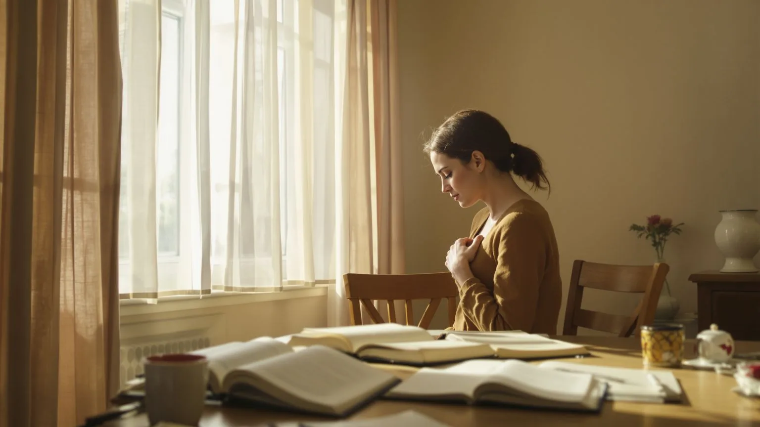 Woman at sunlit desk with hand on chest questioning is my spiritual teacher a narcissist Woman at sunlit desk with hand on chest questioning is my spiritual teacher a narcissist