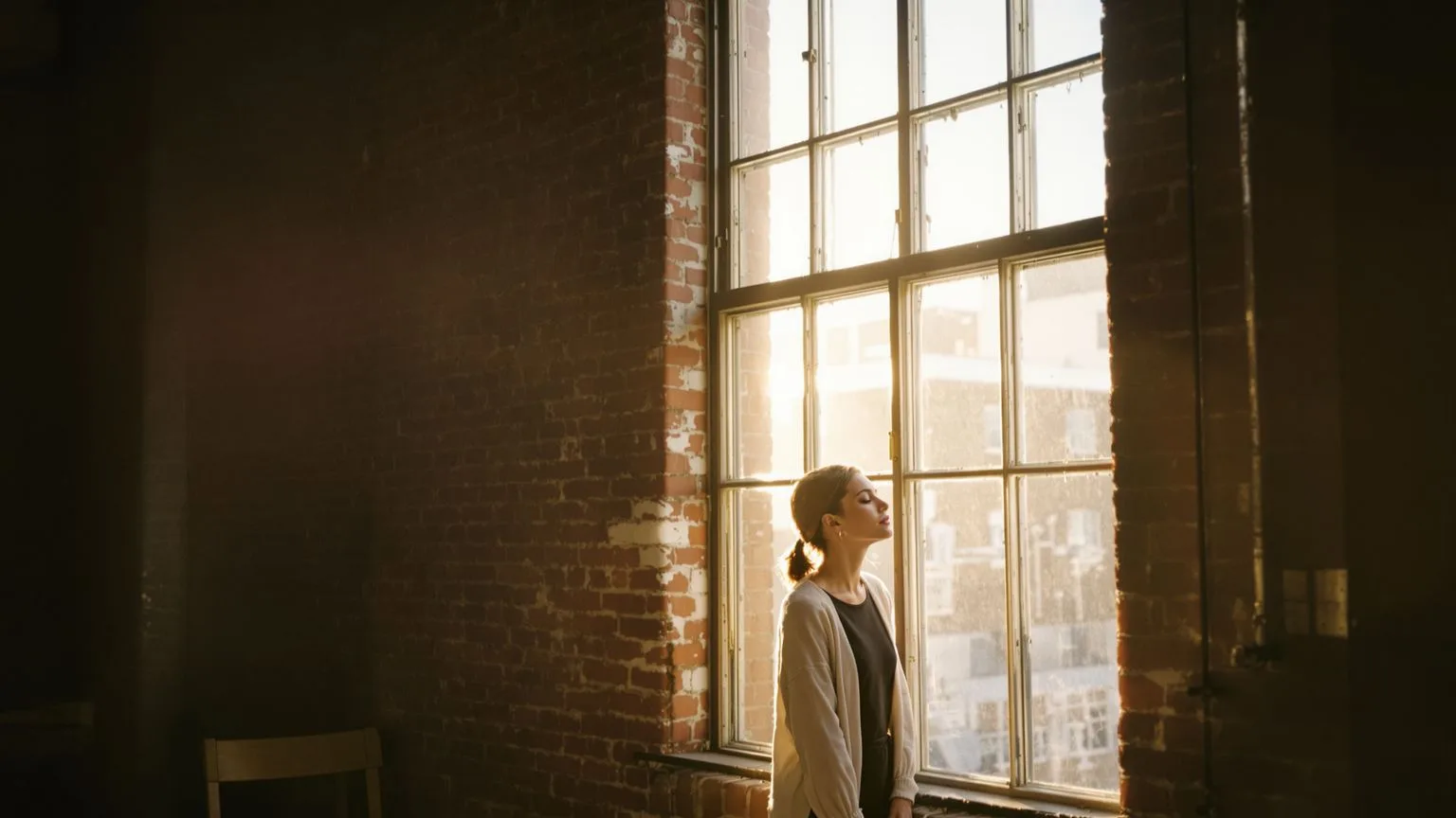 Woman standing near open window with eyes closed feeling the core distinction that clears the fog Woman standing near open window with eyes closed feeling the core distinction that clears the fog