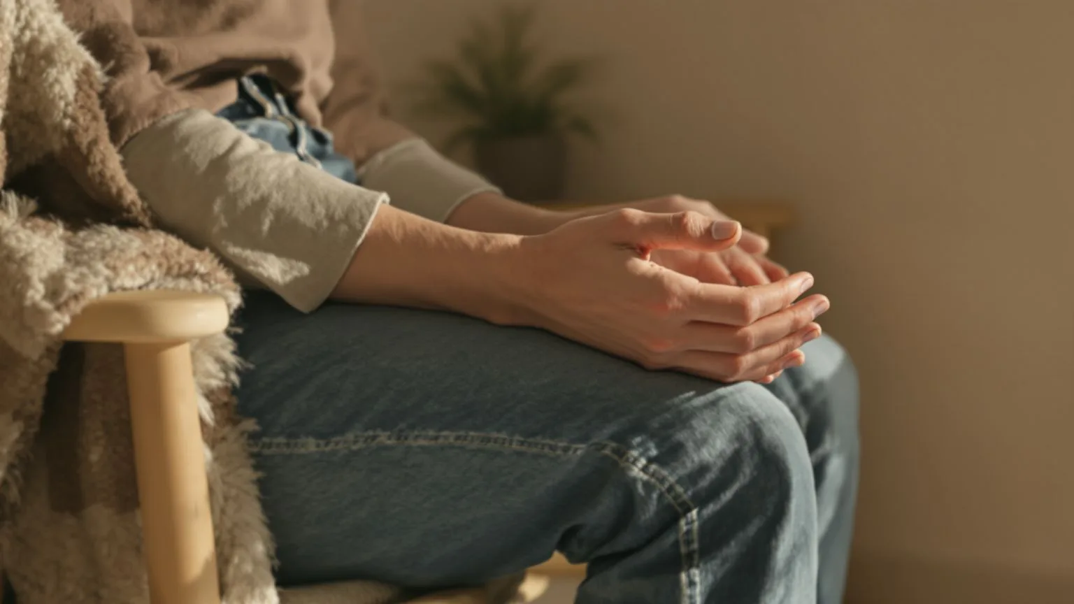 Hands resting palms down on lap during body check to separate ego noise from intuition