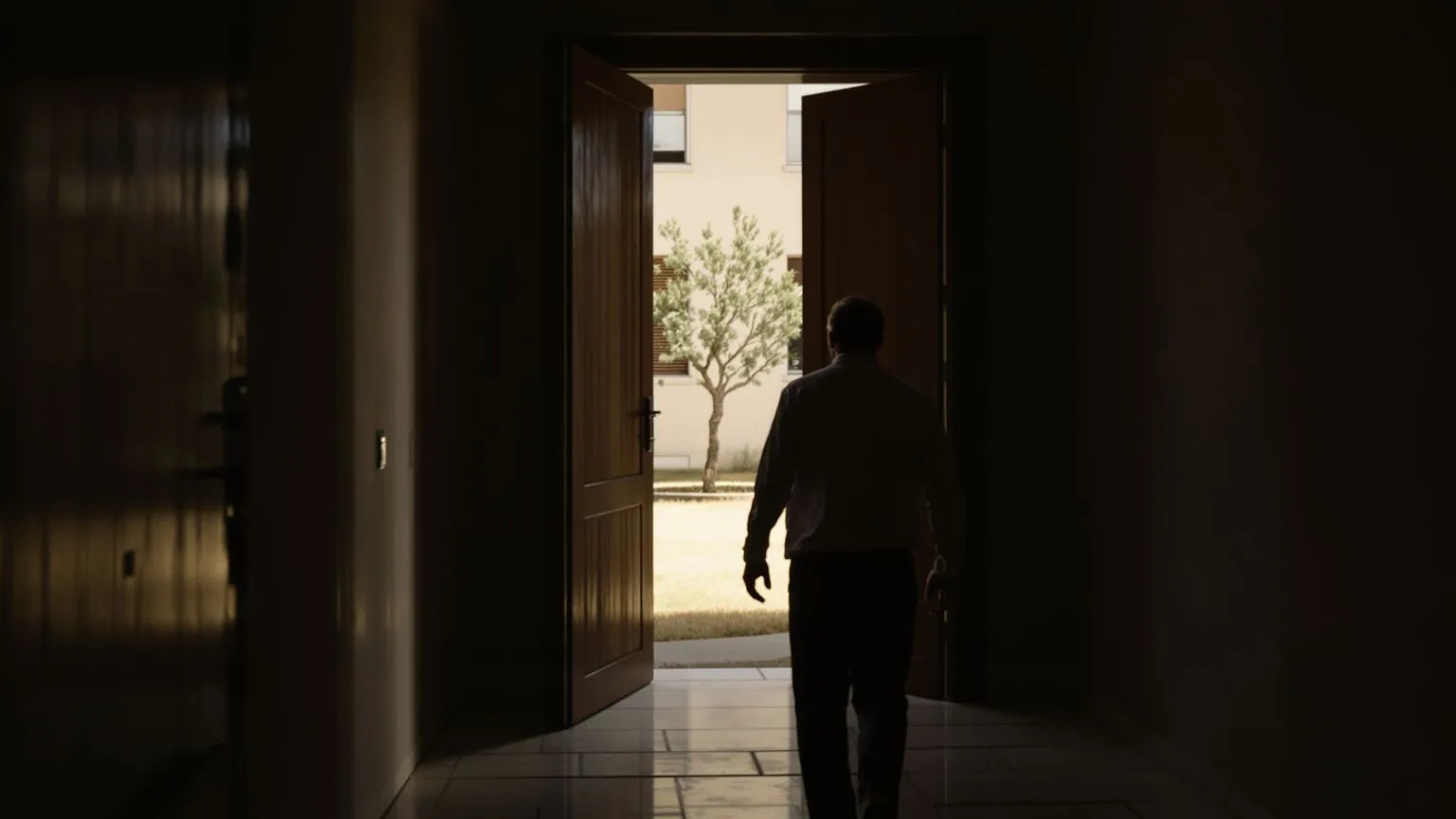 Man stepping through doorway into sunlight shifting from mind debate to listening to body