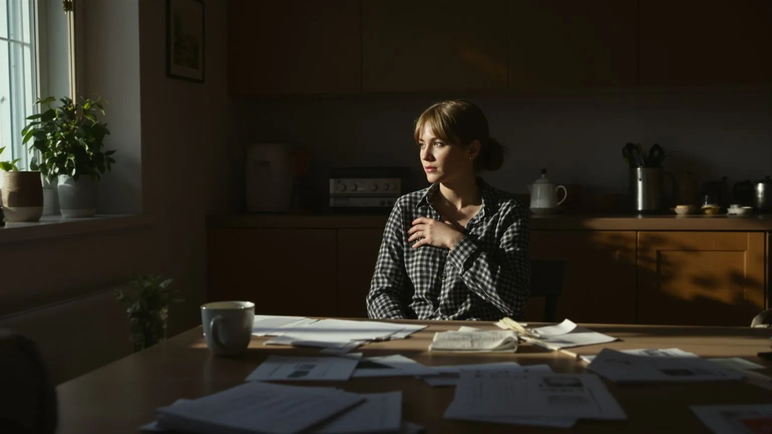 Woman at kitchen table pressing hand to chest showing signs your ego is blocking intuition