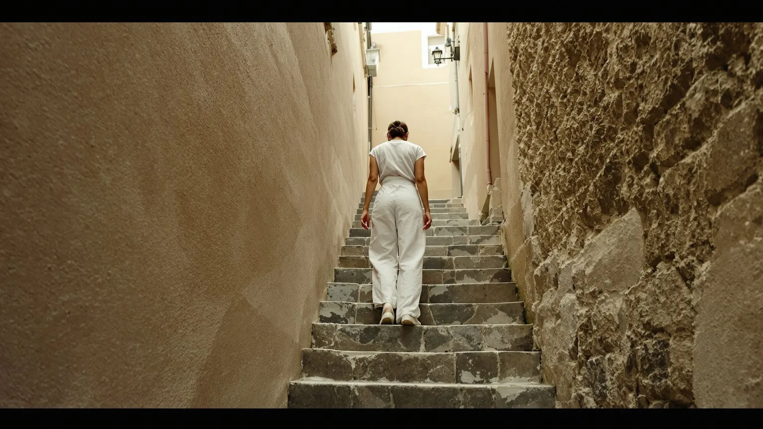 Woman paused on stone steps hand against wall checking 7 signs ego is blocking intuition