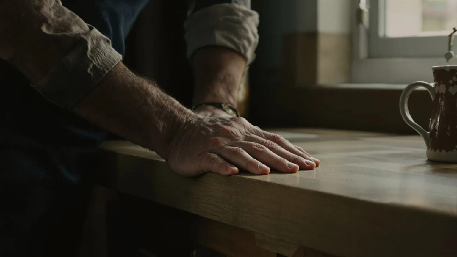 Close-up of tense hands gripping kitchen counter showing the body holding unprocessed emotion Close-up of tense hands gripping kitchen counter showing the body holding unprocessed emotion