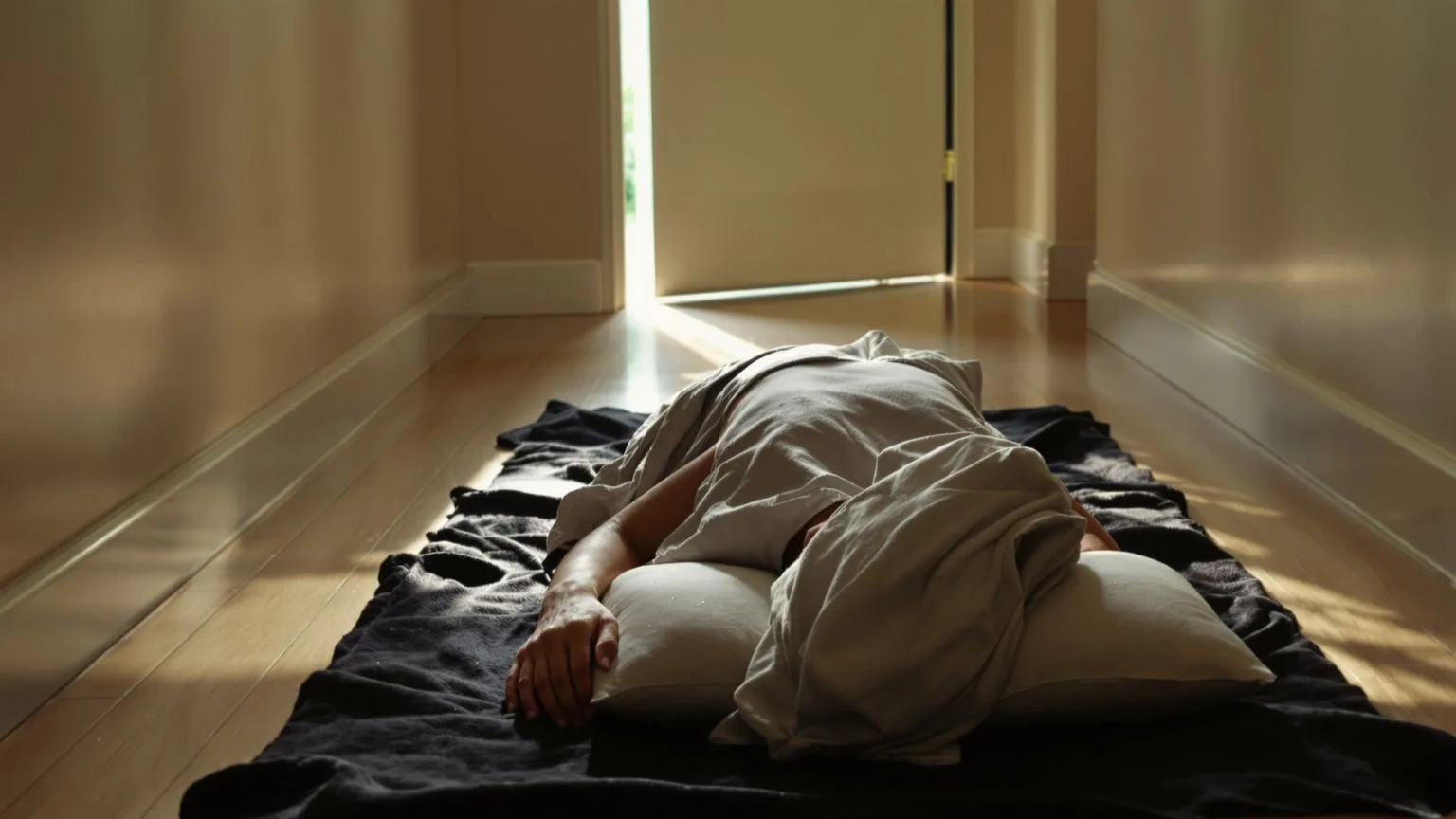 Person lying on floor in body-first practice position with palms down and eyes covered in hallway wi Person lying on floor in body-first practice position with palms down and eyes covered in hallway with natural light