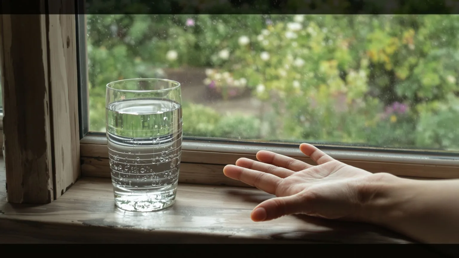 Relaxed open hand beside glass of water on windowsill after honest body-first healing session Relaxed open hand beside glass of water on windowsill after honest body-first healing session