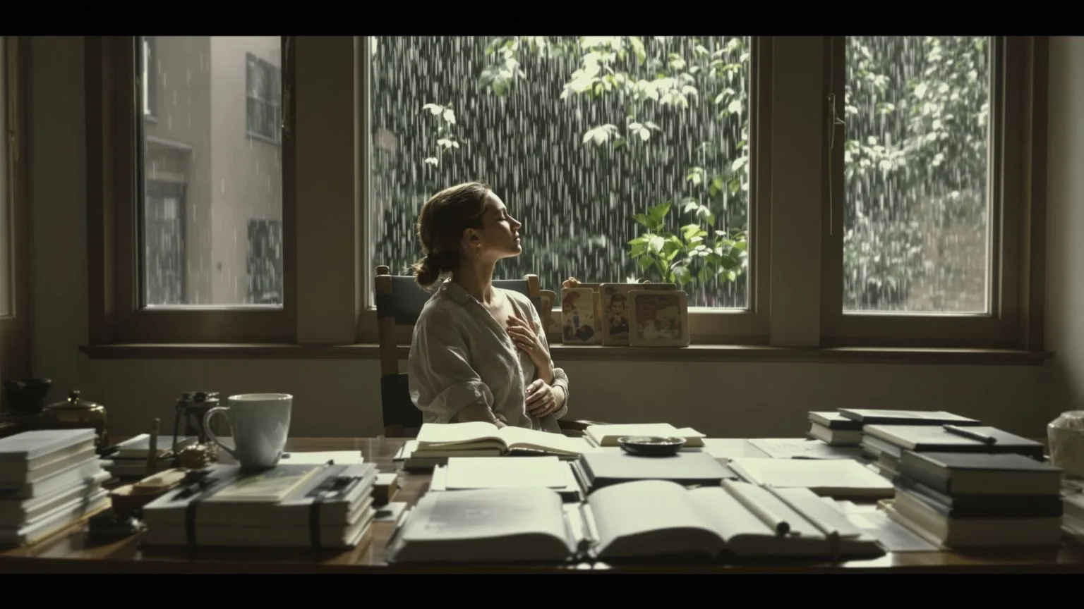 Woman practicing body-first healing spirituality at desk with hand on chest turning away from journa Woman practicing body-first healing spirituality at desk with hand on chest turning away from journals toward window light