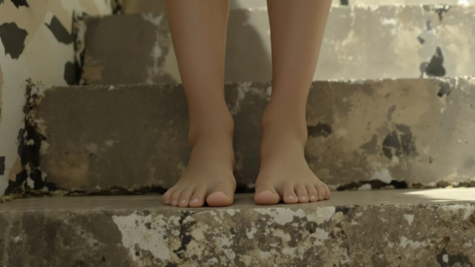 Bare feet pausing on stone steps representing a body reset for ego tricks vs true intuition signals