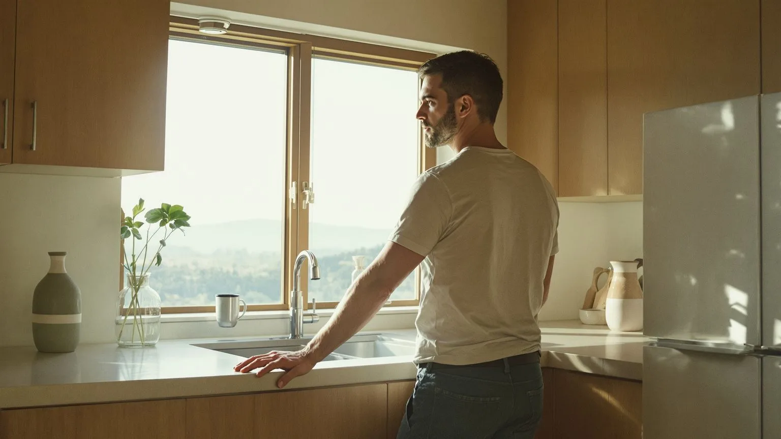 Man standing still in modern kitchen at dawn contemplating ego tricks vs true intuition signals