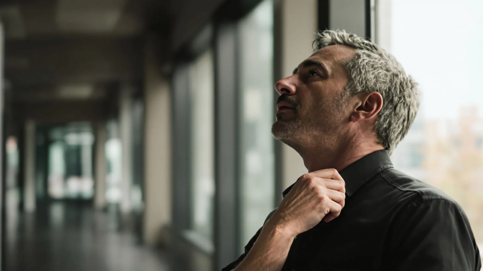 Man touching his neck in office corridor using a cleaner filter for live decision moments