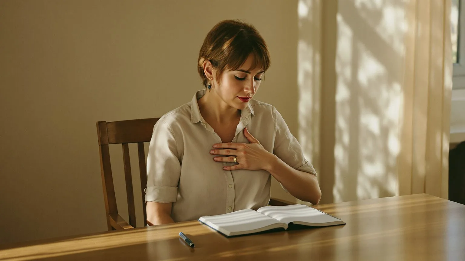 Woman with hand on chest at desk sensing where ego and intuition actually separate in the body