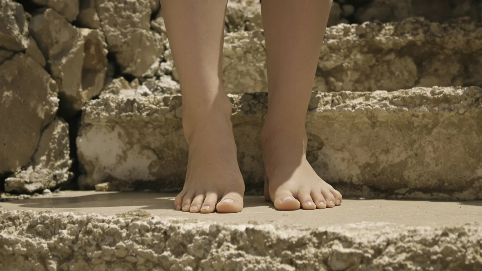 Bare feet stepping on worn stone stairs showing what changed what softened what remains true in the body
