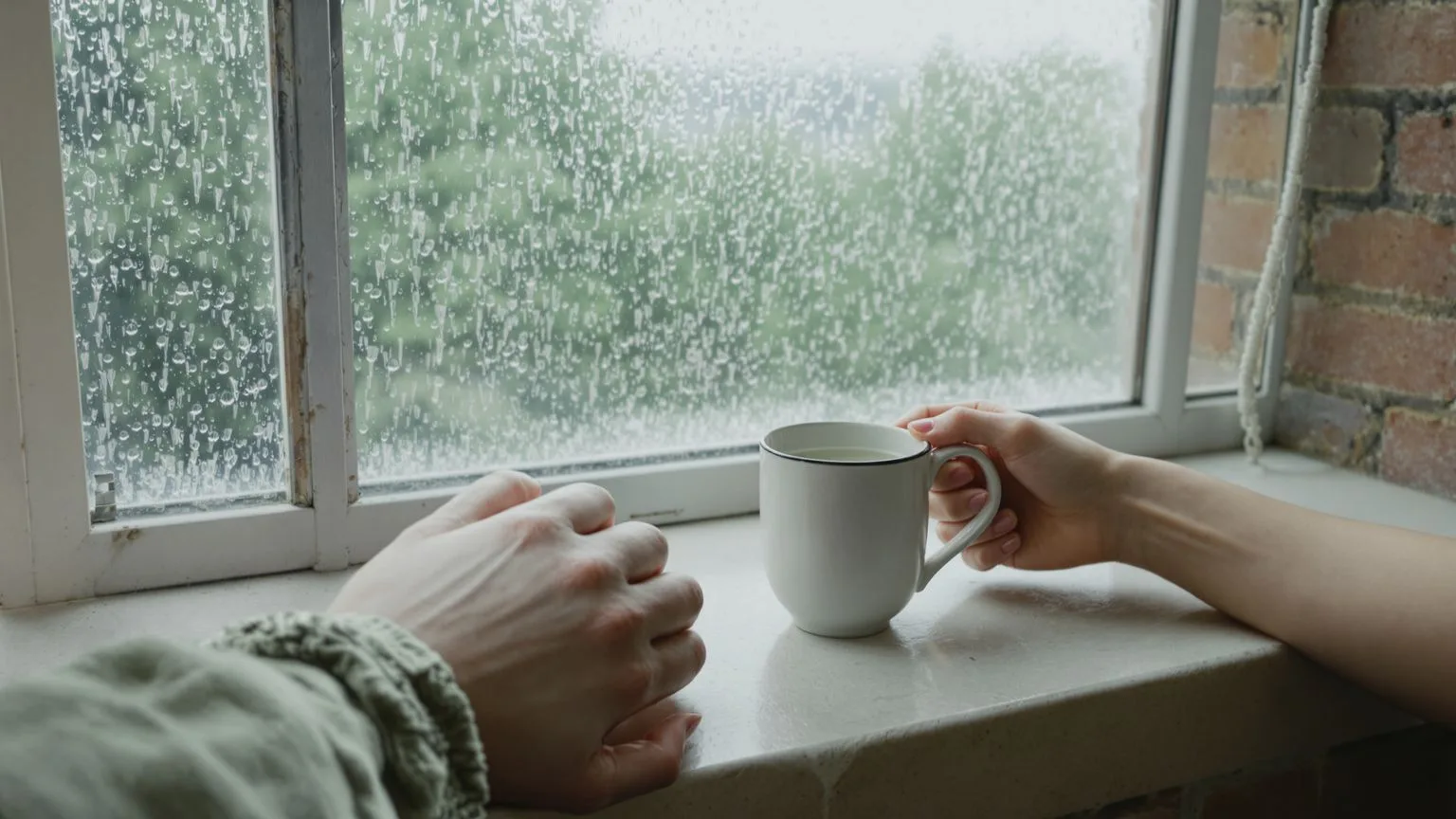 Ceramic mug on rainy windowsill with resting forearm showing the safety layer most spiritual content skips