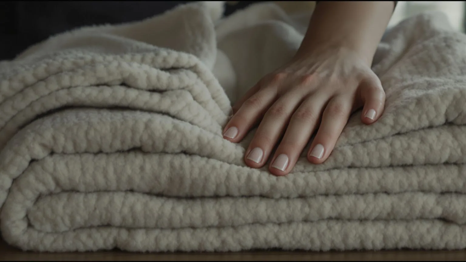Hand pressing into wool blanket on wooden surface showing what to do in the next 10 minutes for the body