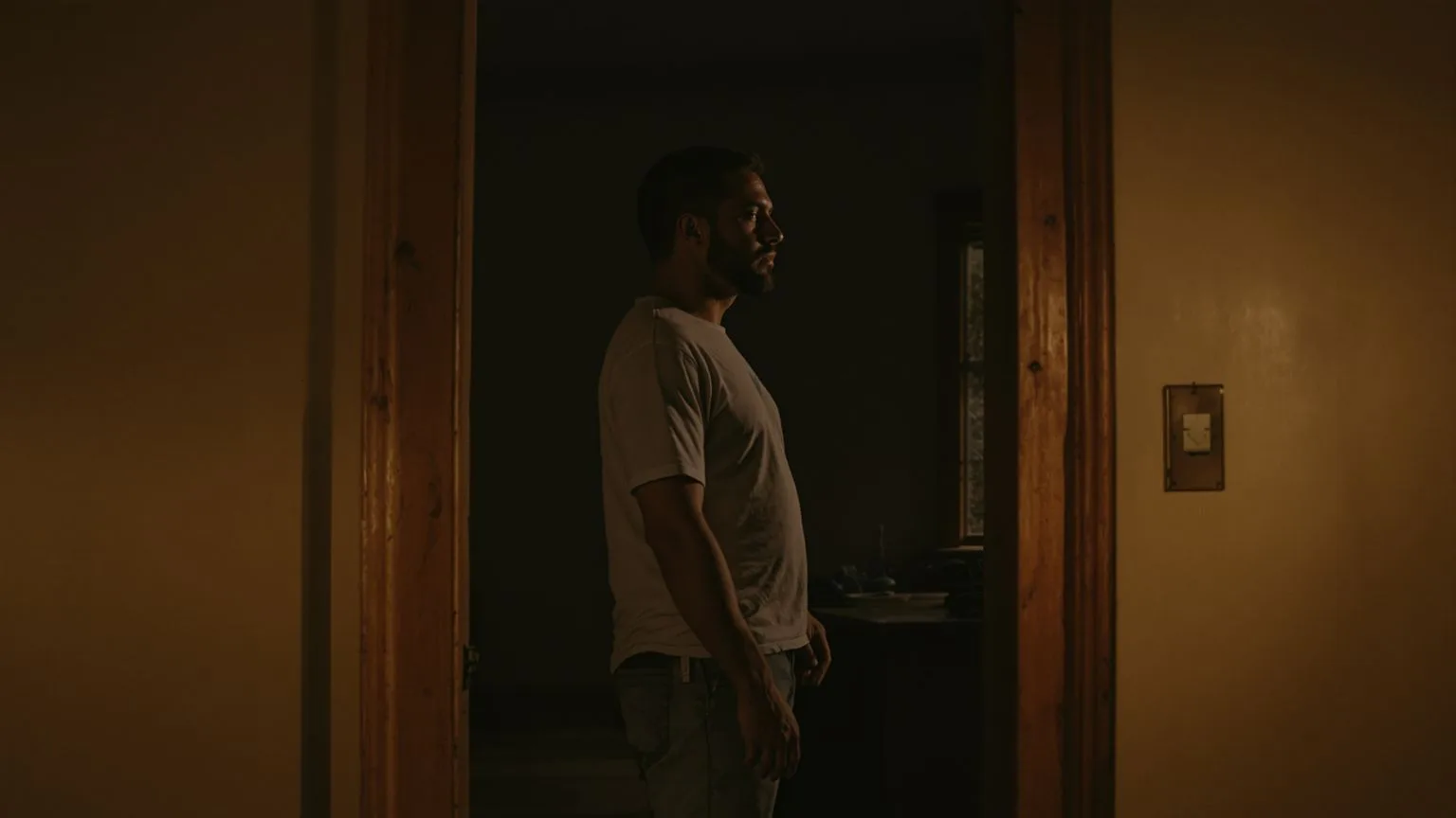 Man standing in doorway threshold with tense body showing the real pain is not confusion it is mistrust