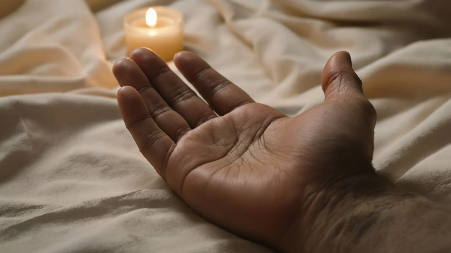 Open palm resting on linen in candlelight showing what usually shifts first in the body