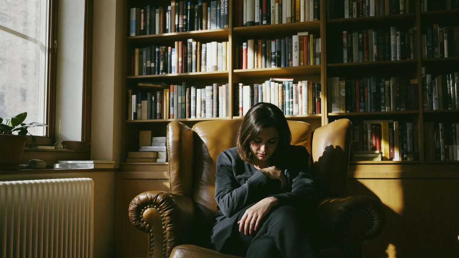 Woman leaning forward in leather chair surrounded by books showing why this often hits after years of growth
