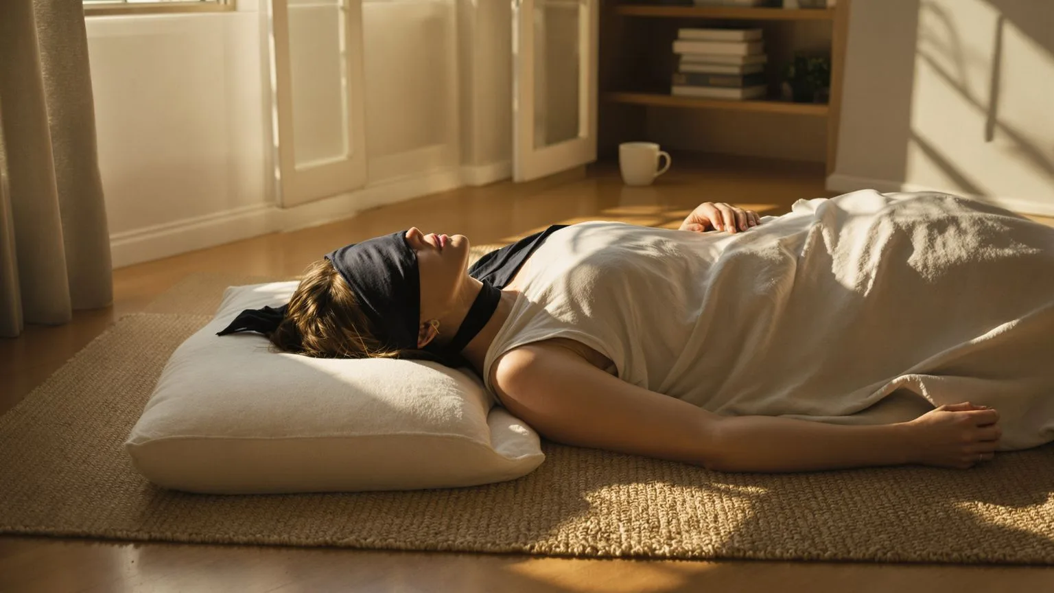 Woman lying on floor with palms down during a 12-minute body practice for intuition and ego awareness