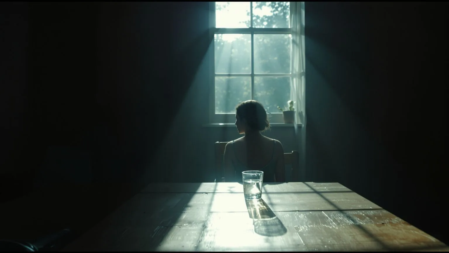 Woman sitting at kitchen table at night learning how to know ego from intuition in body through stillness