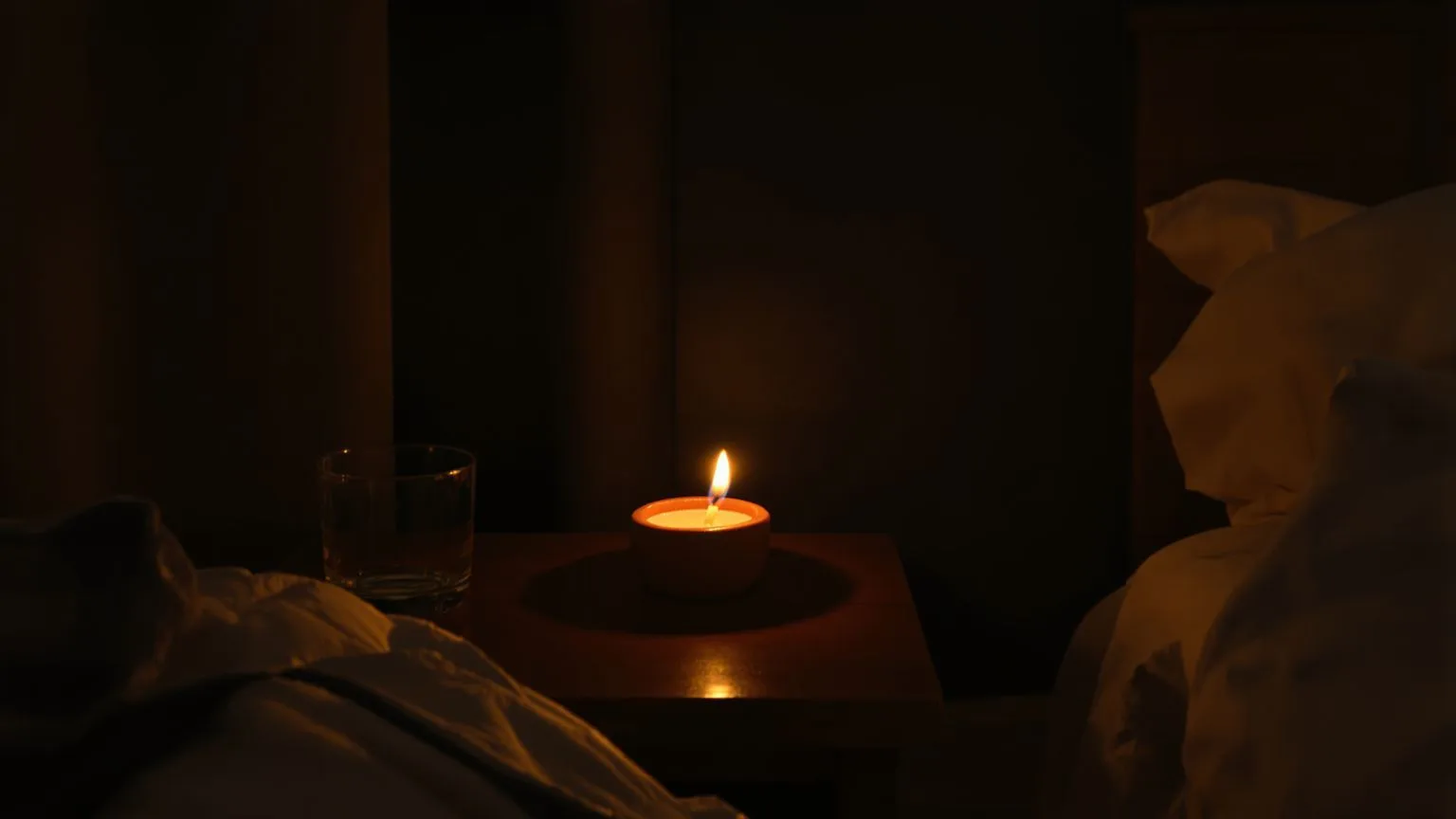 Candle on bedside table at night creating quiet space for body practice and inner listening