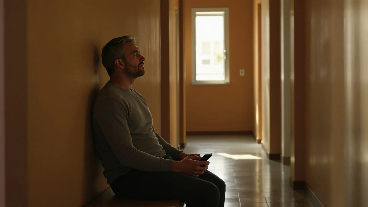 Man sitting in hallway with phone set aside, chest expanded mid-breath during inner tension
