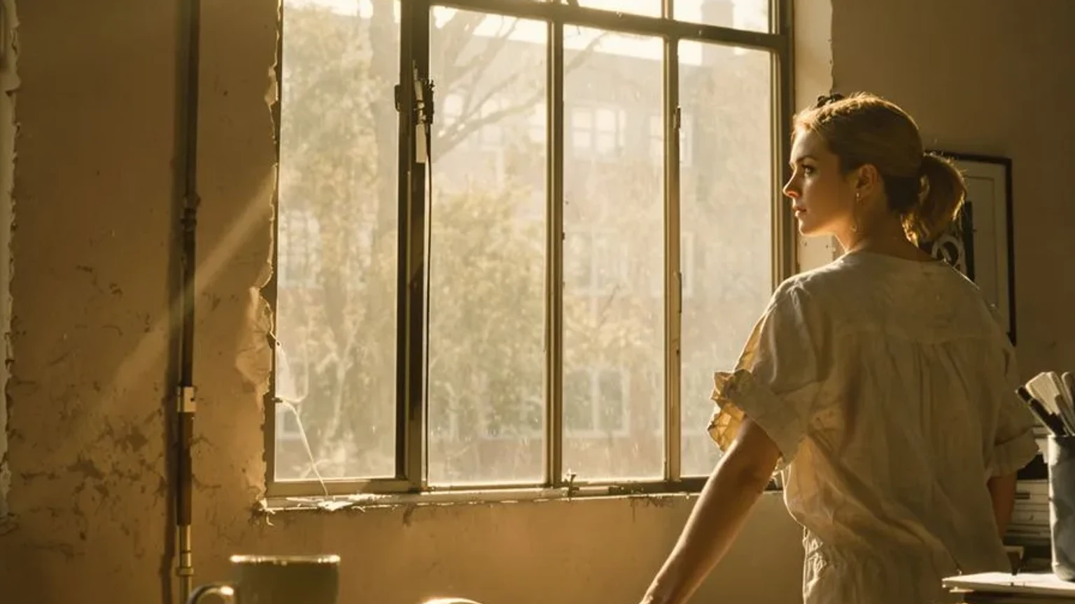 Woman pausing at sunlit workspace window reflecting on the difference between ego and higher self