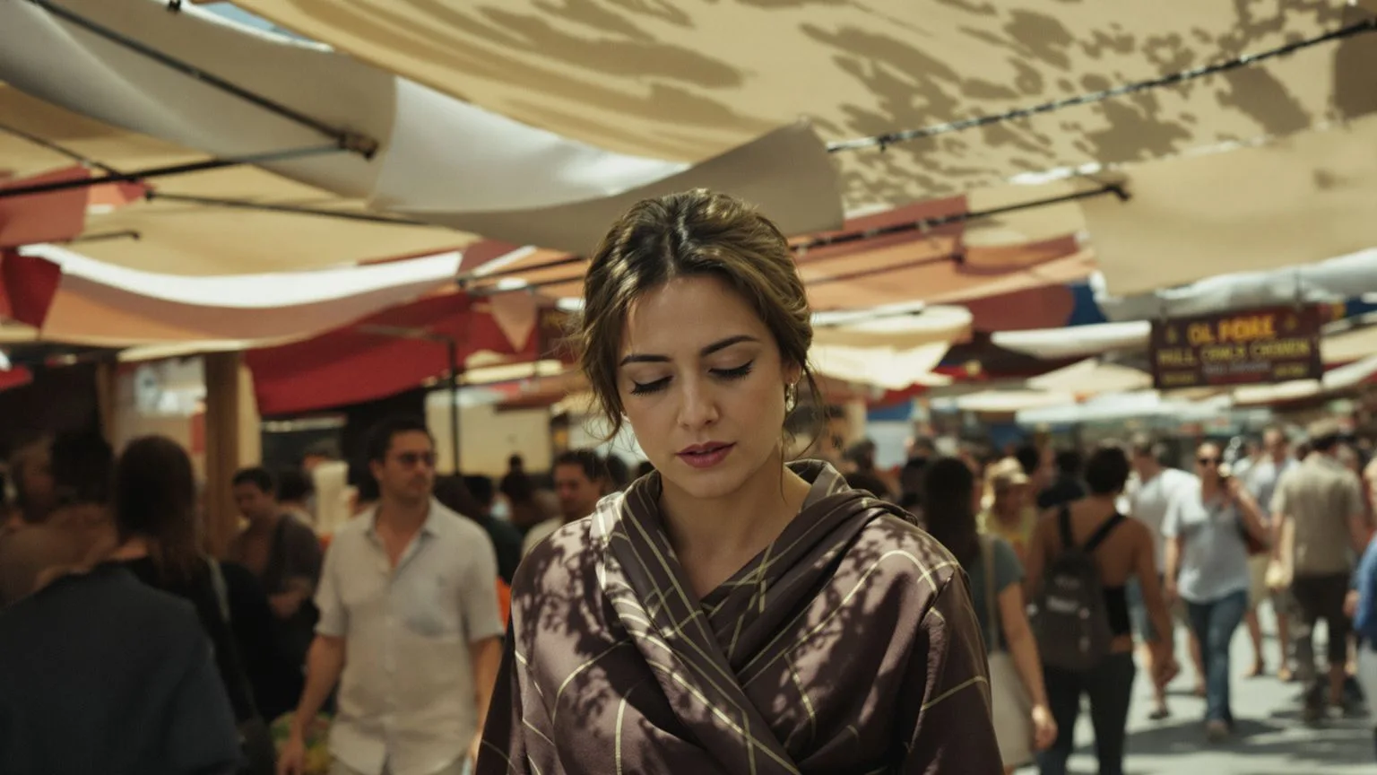 Woman walking through crowded market with body braced showing why decisions get harder under activation