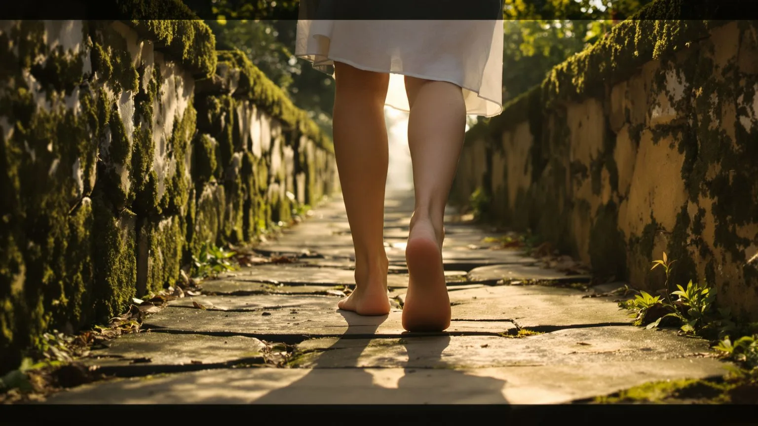 Bare feet walking along stone garden path in morning light, safety sticking in daily body rhythm