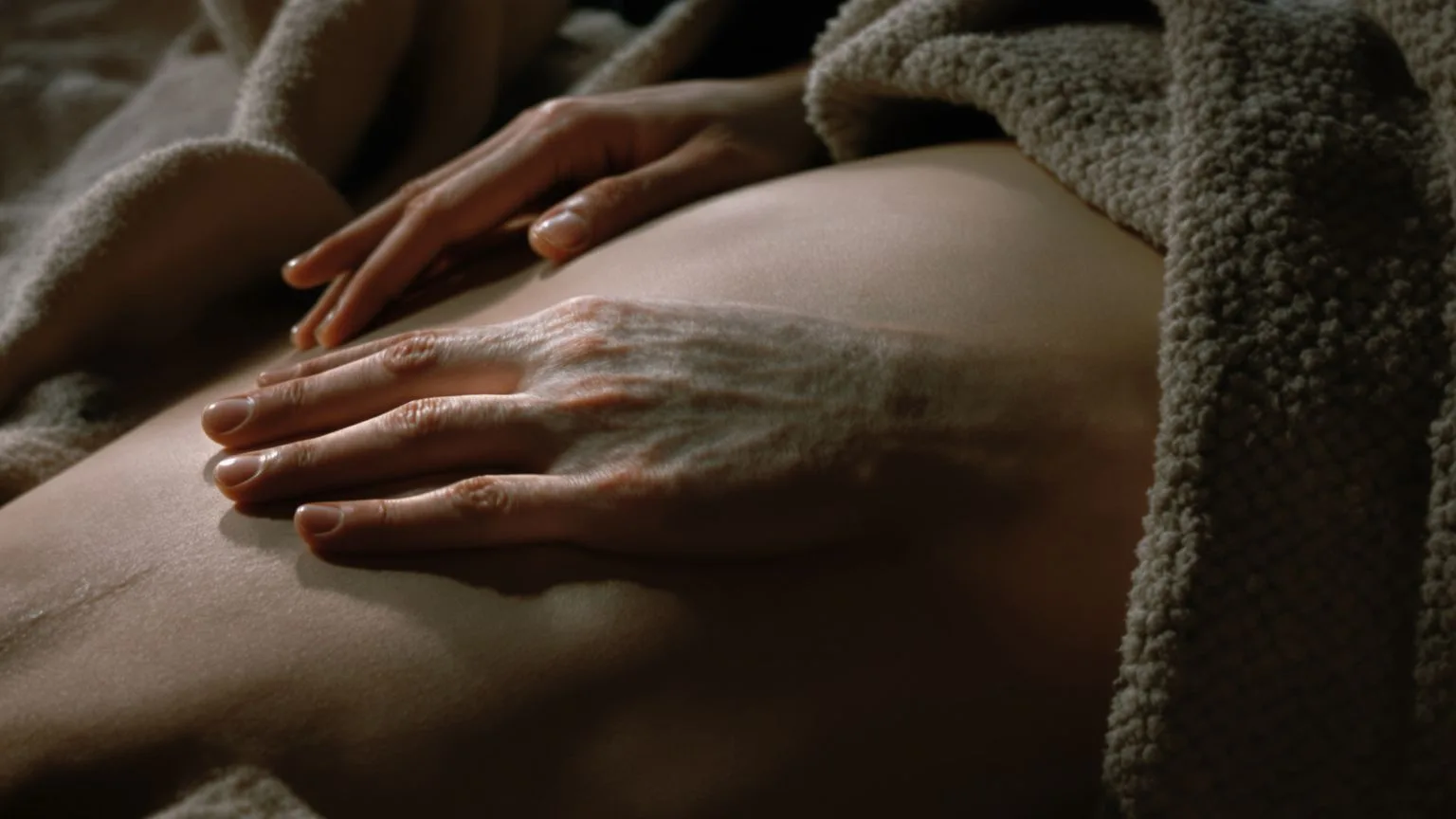 Close-up of hands resting on ribcage during body protocol for chest tightness and breath awareness