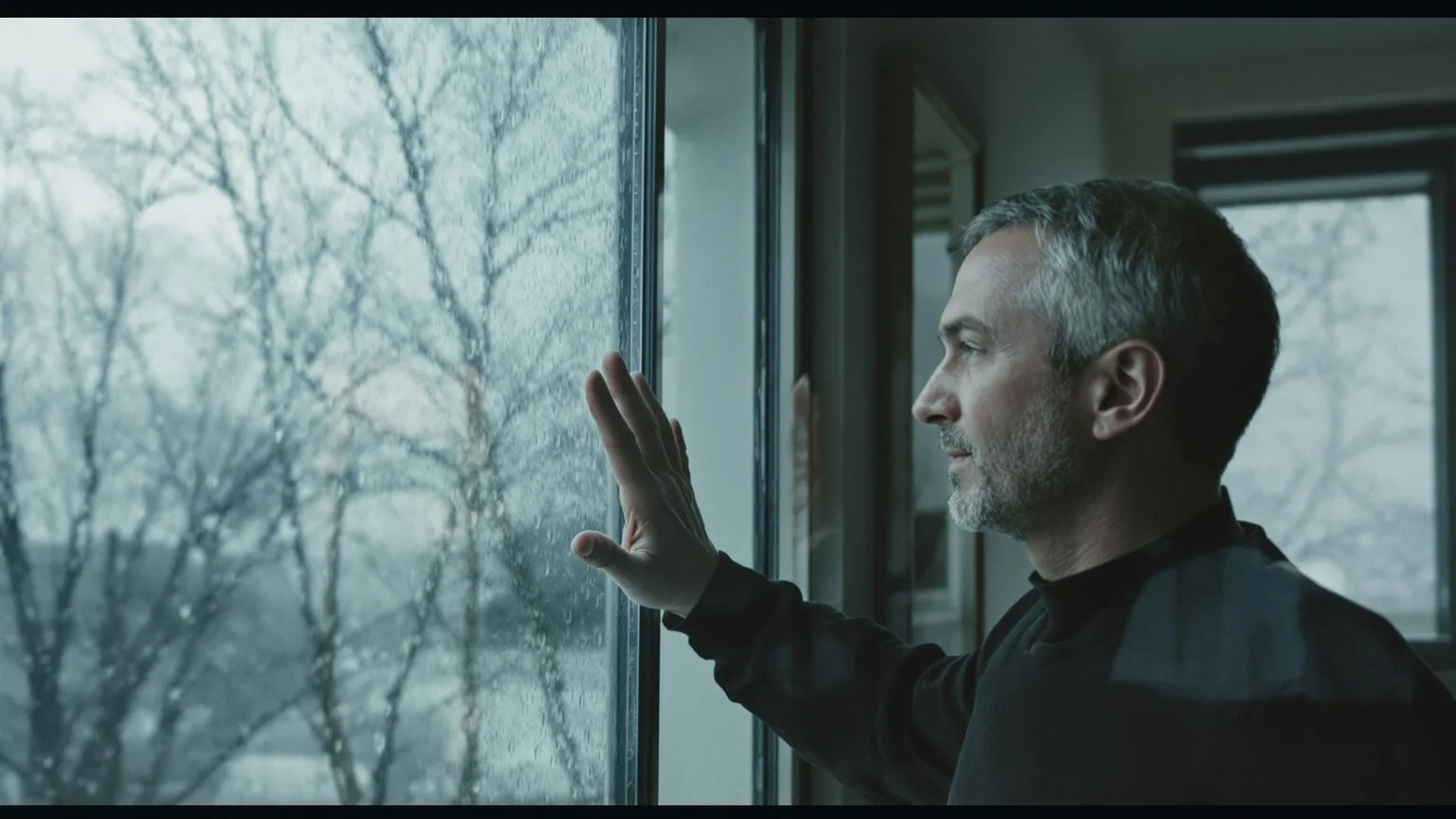 Man pressing palm against rain-streaked window, body still tense when peace feels blocked