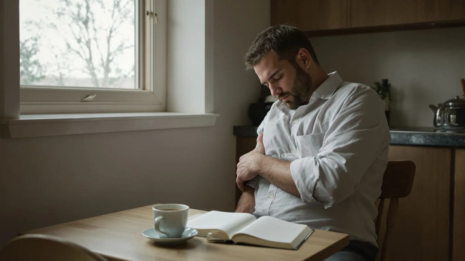 Man sitting at kitchen table holding his torso, spiritual insight not calming his body