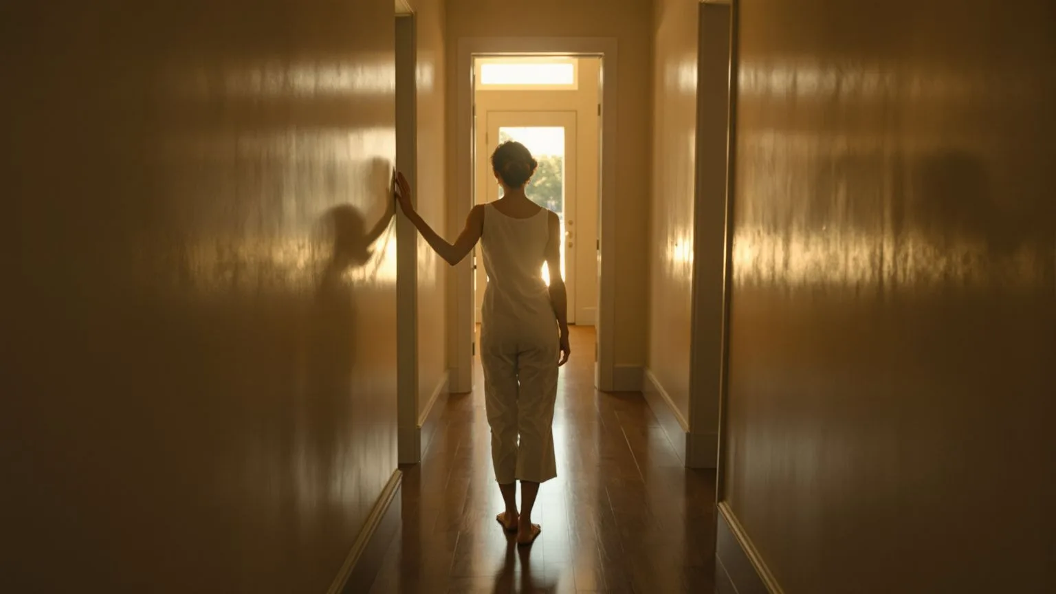 Woman standing barefoot in sunlit living room touching her collarbone, exploring how to feel safe in your body spirituality
