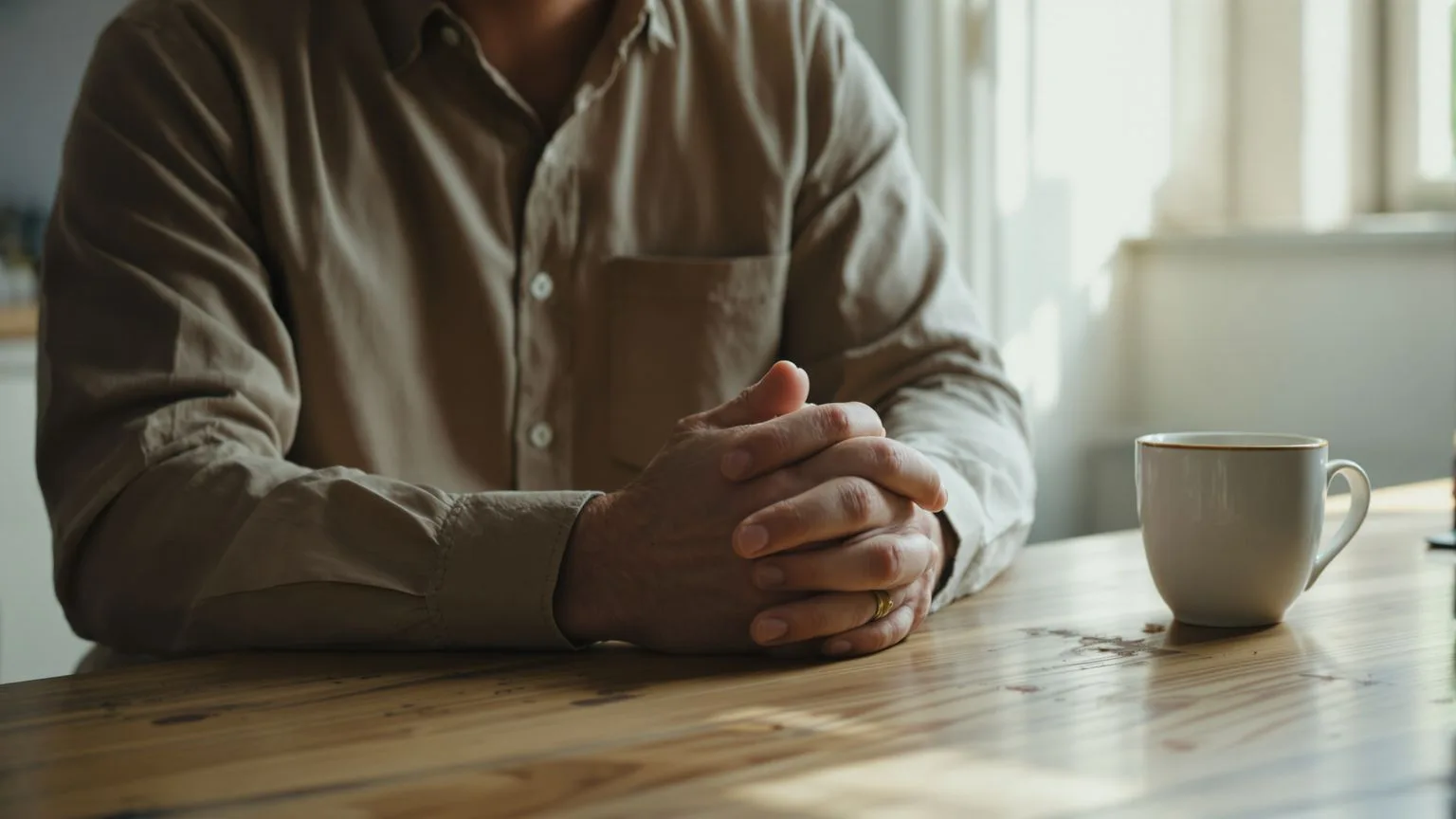 Close-up of man's clasped hands and chest at kitchen table in morning light showing body tension