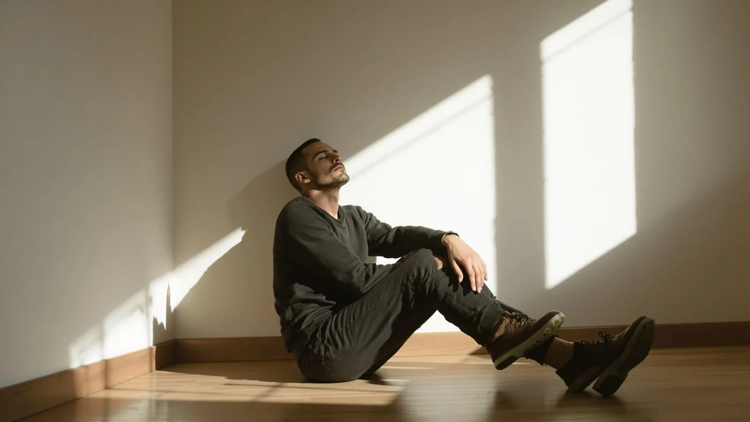 Man sitting on floor with closed journal on lap and eyes closed in afternoon light, body at rest
