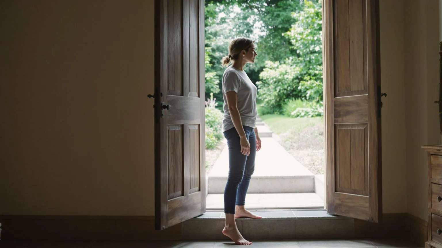 Woman pausing at open doorway mid-breath with light flooding in, showing chest opening and clear next step