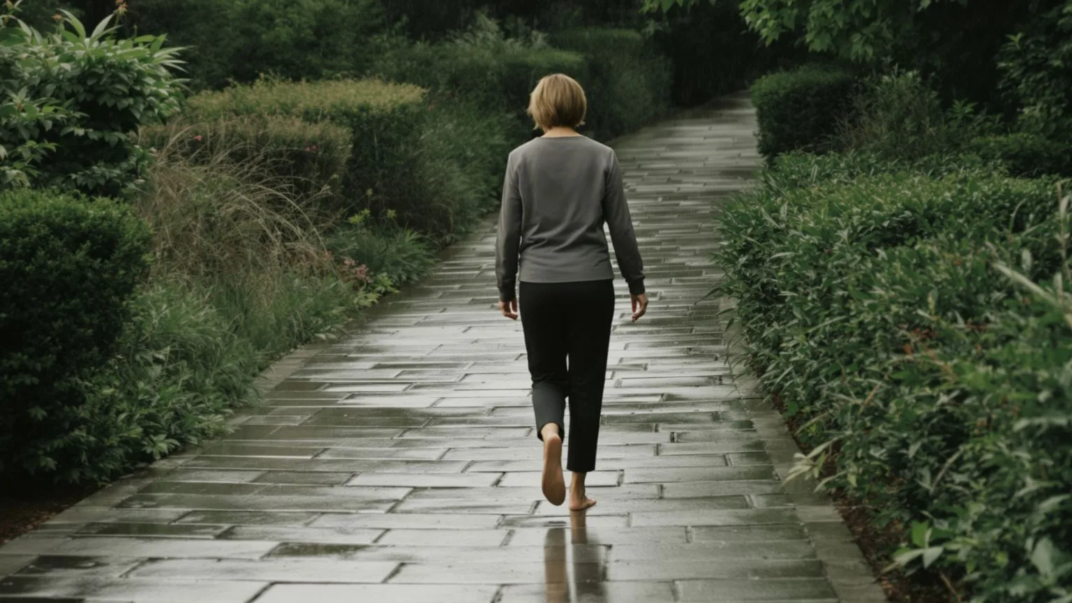 Woman walking barefoot on wet stone path after rain with relaxed body, moving toward inner child healing