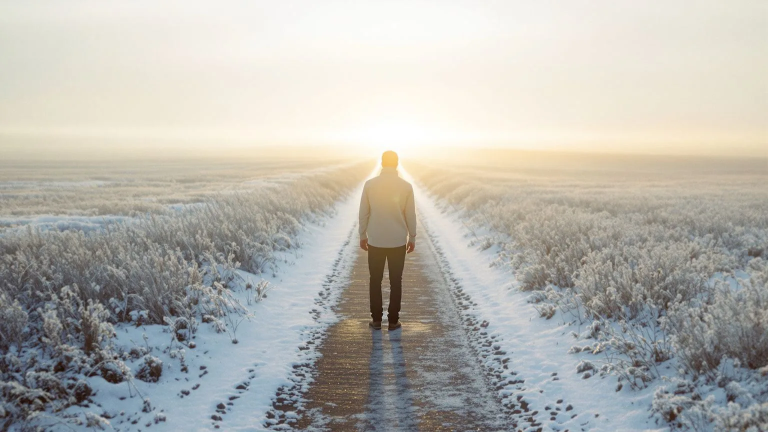 Person standing still on frost-covered path in winter meadow at golden hour illustrating freeze response and spirituality
