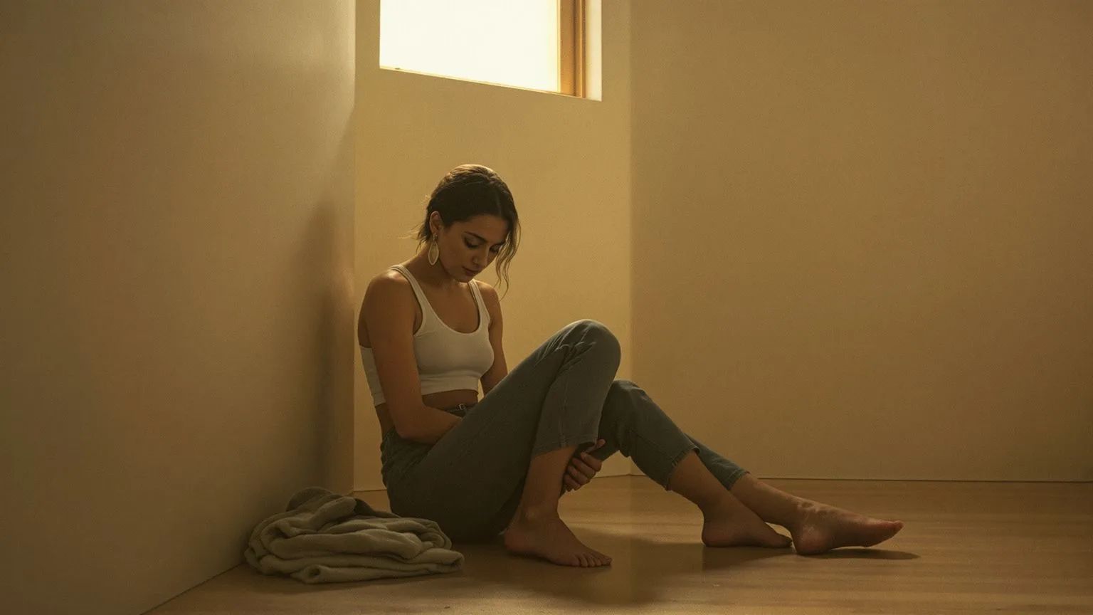 Woman seated on floor in natural light with grounded posture practicing freeze response protocol