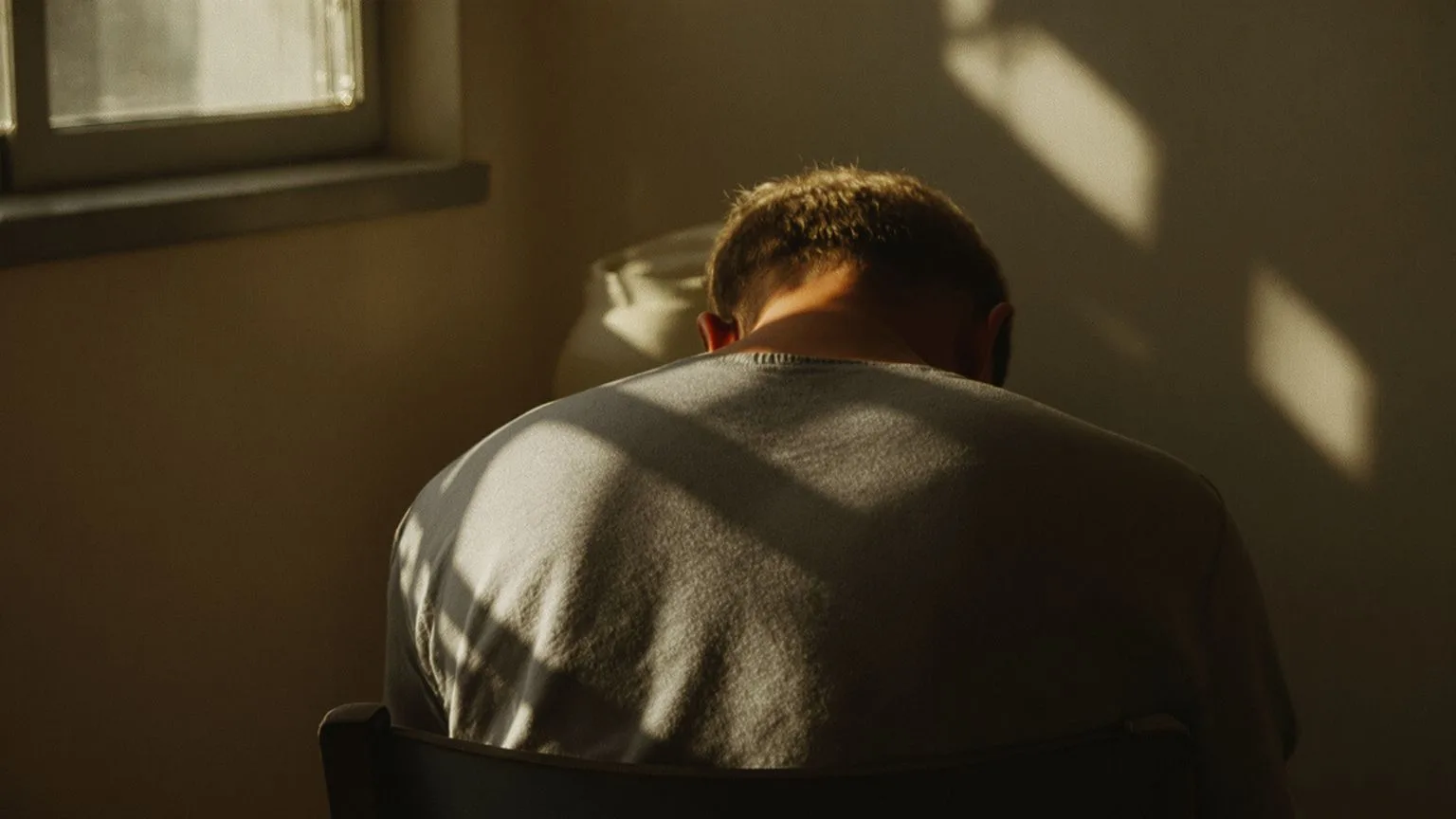 Close-up of a man's tense shoulders and bowed posture showing the body holding somatic patterns Close-up of a man's tense shoulders and bowed posture showing the body holding somatic patterns