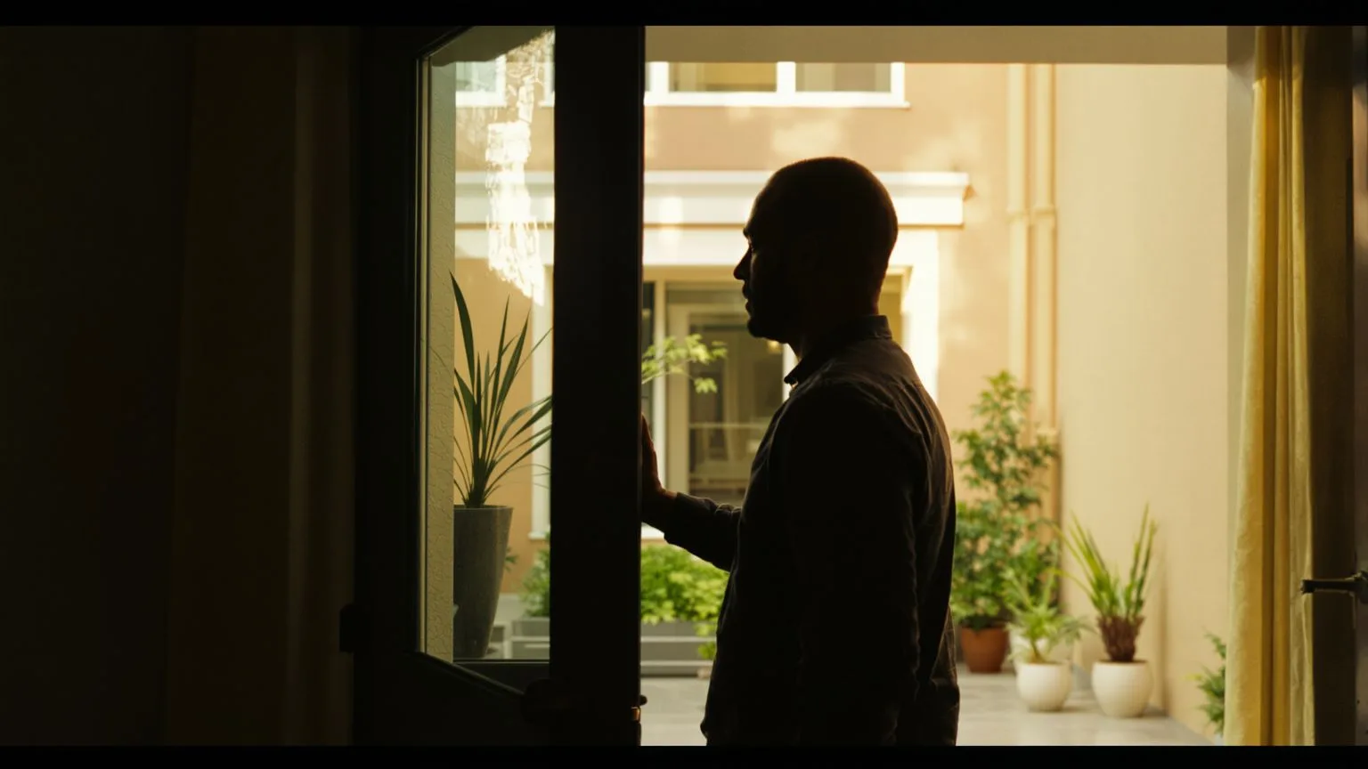 Man standing at an open doorway facing morning light representing the return to self before somatic Man standing at an open doorway facing morning light representing the return to self before somatic eating begins