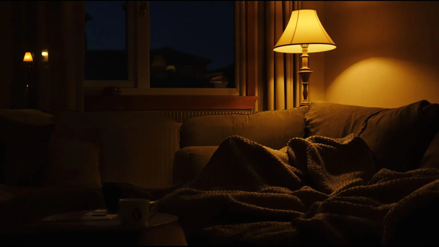 Person curled on a couch at dusk with a blanket showing the evening window of tolerance in somatic e Person curled on a couch at dusk with a blanket showing the evening window of tolerance in somatic eating
