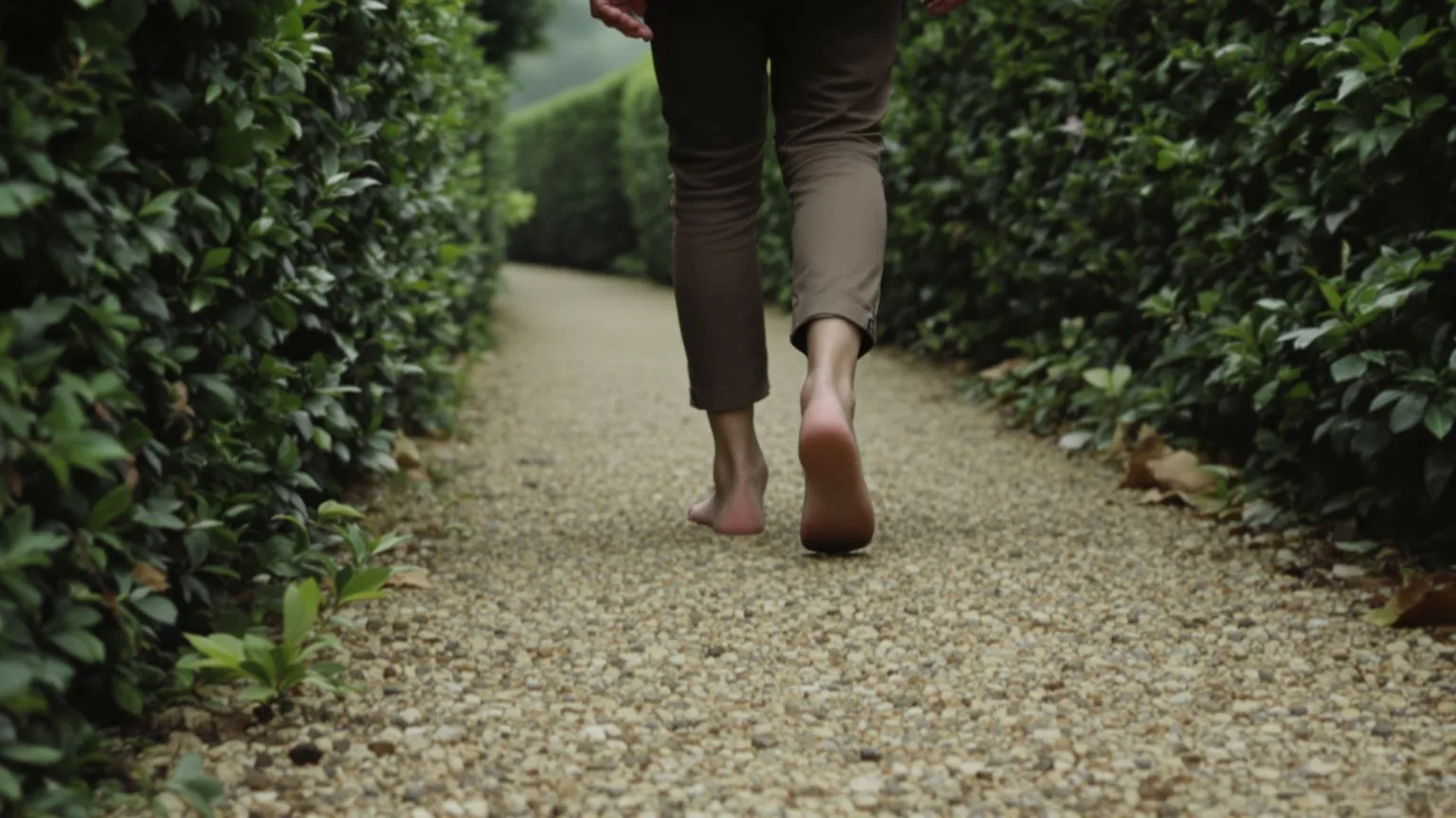 Person walking barefoot on a gravel garden path in morning light embodying the felt sense in somatic Person walking barefoot on a gravel garden path in morning light embodying the felt sense in somatic eating