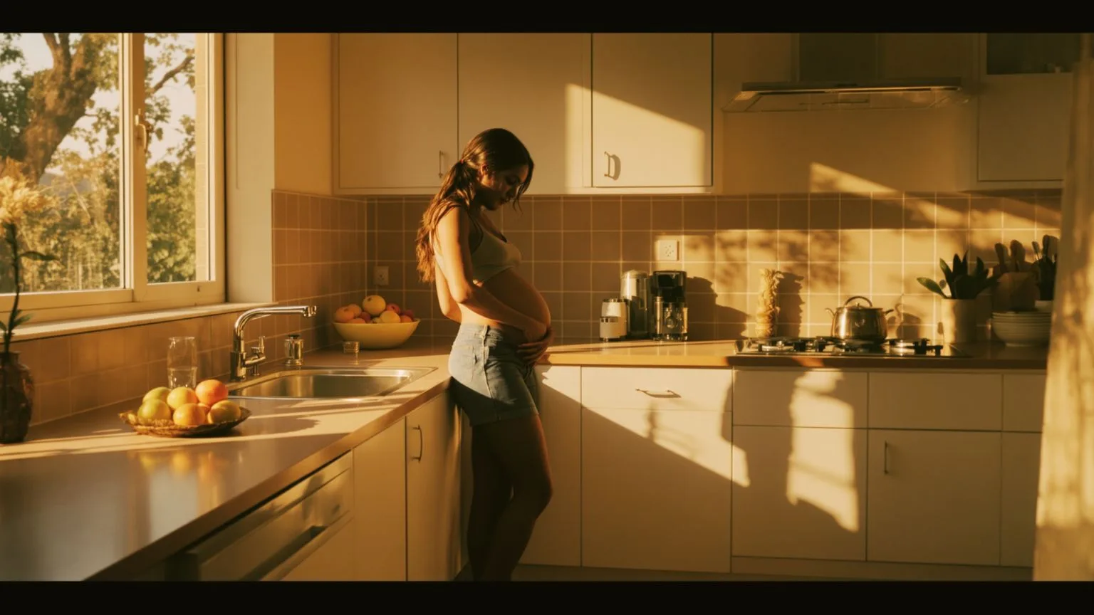 Woman standing in sunlit kitchen with hand on stomach, pausing in a moment related to somatic eating Woman standing in sunlit kitchen with hand on stomach, pausing in a moment related to somatic eating awareness