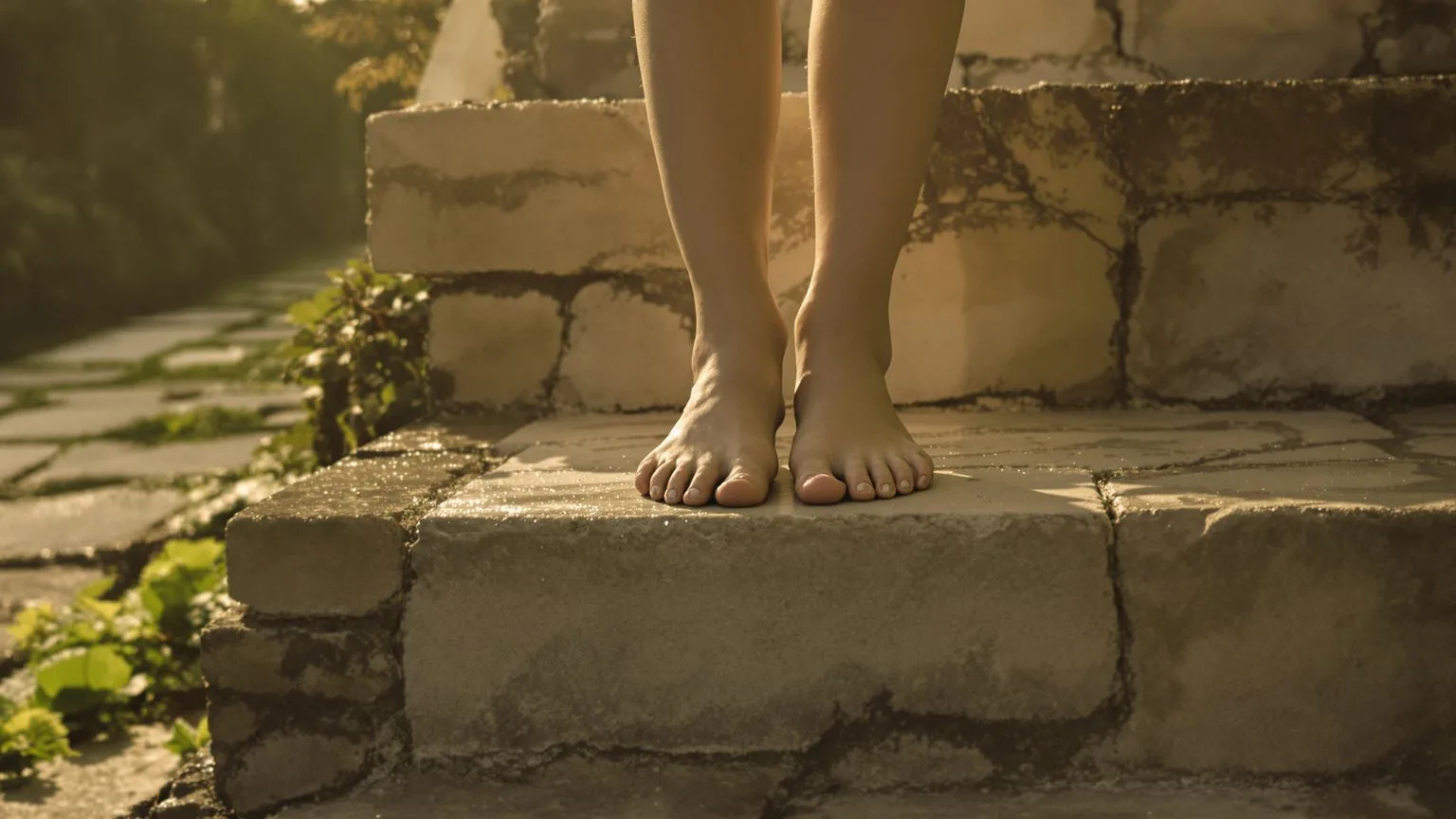Bare feet standing on dew-covered stone steps in morning light showing what changes and softens over Bare feet standing on dew-covered stone steps in morning light showing what changes and softens over time