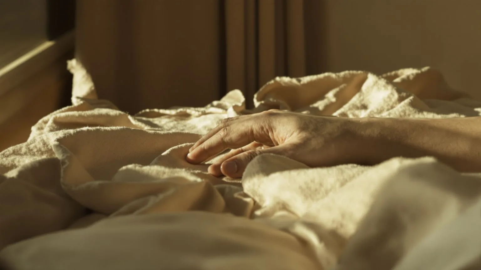 Hand resting palm-down on linen blanket in warm light showing one immediate step for the moment self Hand resting palm-down on linen blanket in warm light showing one immediate step for the moment self-hate hits