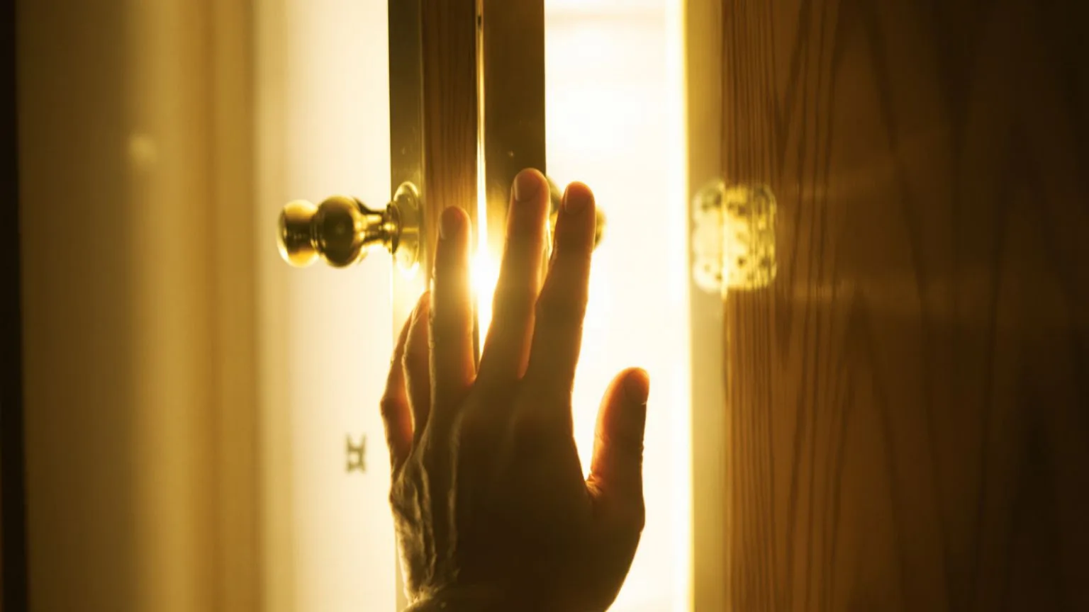 Hesitant hand reaching toward a partially open door with warm light streaming through the gap showin Hesitant hand reaching toward a partially open door with warm light streaming through the gap showing fear of being real