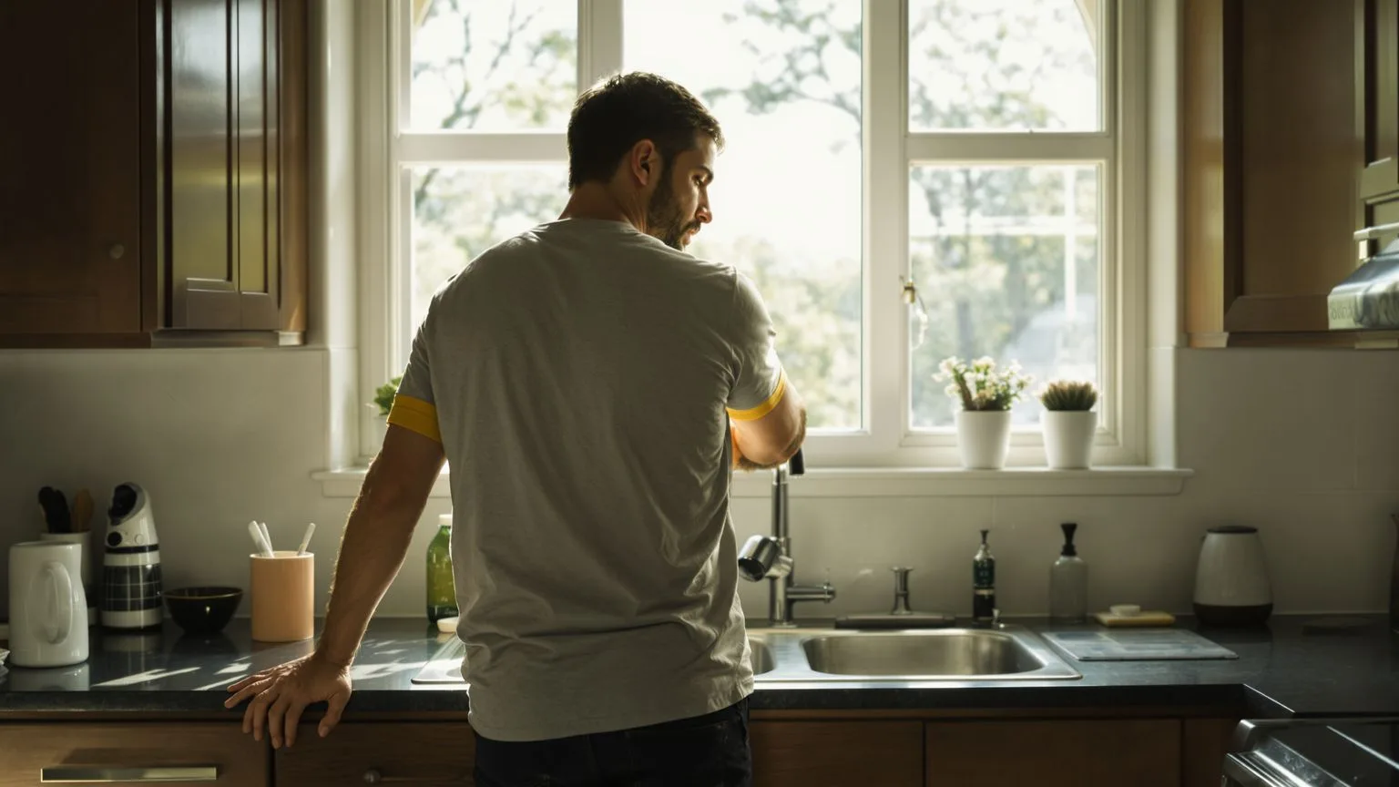 Man standing alone at kitchen counter with heavy shoulders showing self-betrayal repeated until it f Man standing alone at kitchen counter with heavy shoulders showing self-betrayal repeated until it feels like identity