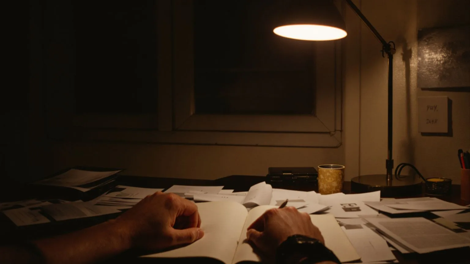 Person sitting at a dimly lit desk at night wondering why do I hate myself with warm lamp light on h Person sitting at a dimly lit desk at night wondering why do I hate myself with warm lamp light on hands and notebook