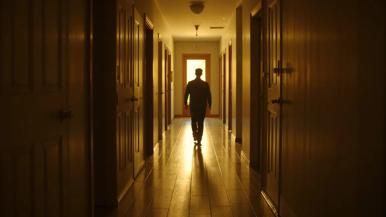 Person walking down a long hallway toward window light illustrating why the self-hate loop survives Person walking down a long hallway toward window light illustrating why the self-hate loop survives even when you understand it